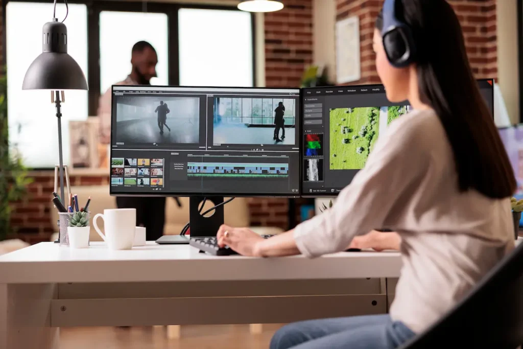 Representación de un equipo de producción trabajando en un proyecto audiovisual con herramientas tecnológicas avanzadas.